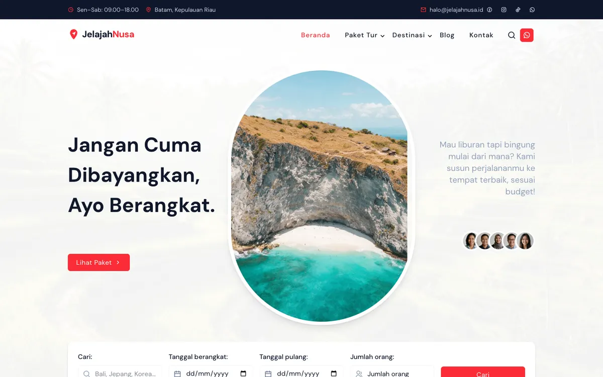 Contoh website agen travel Jelajah Nusa dengan pencarian paket dan harga per orang
