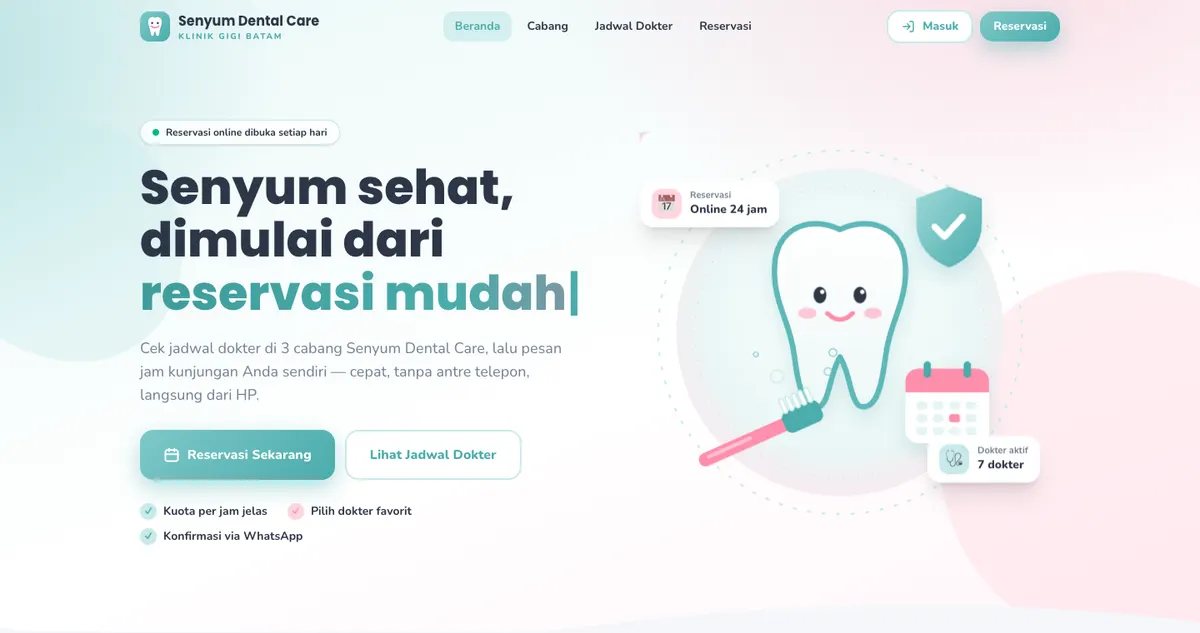 Contoh website klinik gigi Senyum Dental Care dengan reservasi online dan jadwal dokter per cabang