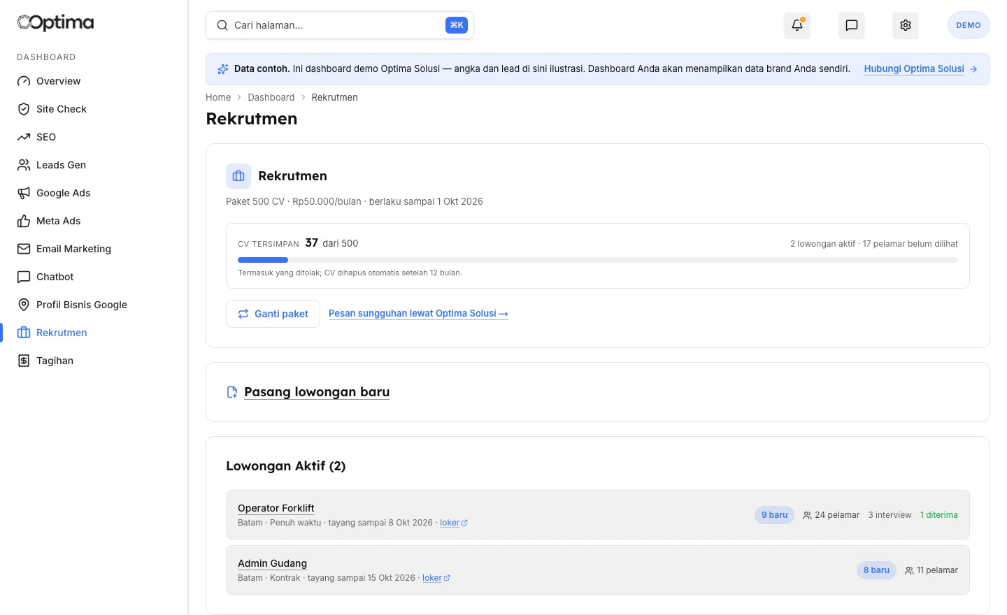 Recruitment page in the Optima client dashboard: stored-CV plan and list of active job posts