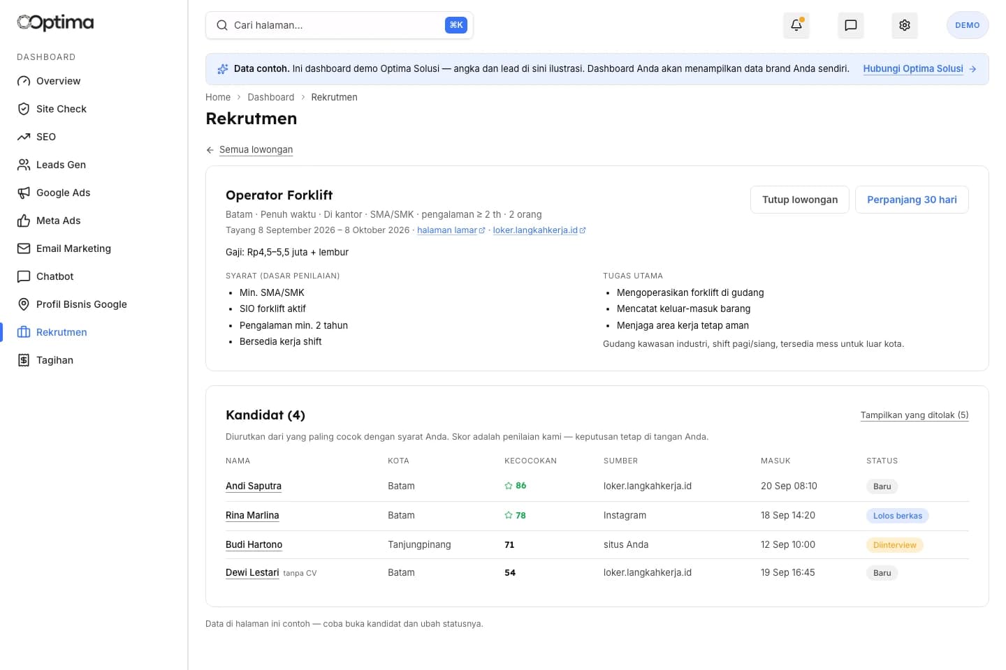 List of applicants for a Forklift Operator role in the Optima Recruitment dashboard, sorted by match score