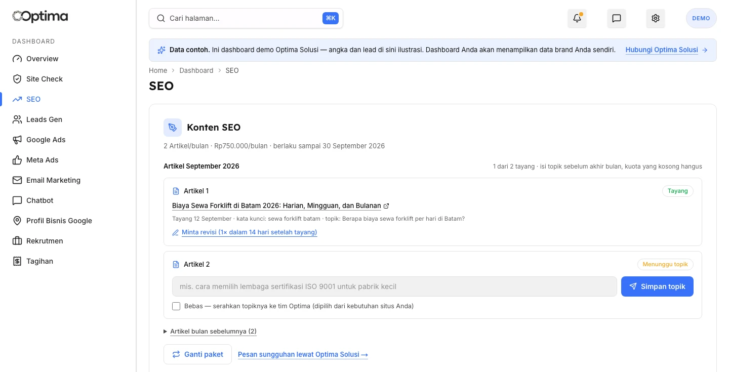 Content SEO card in the Optima client dashboard: published article status, a slot waiting for a topic, and a revision request button