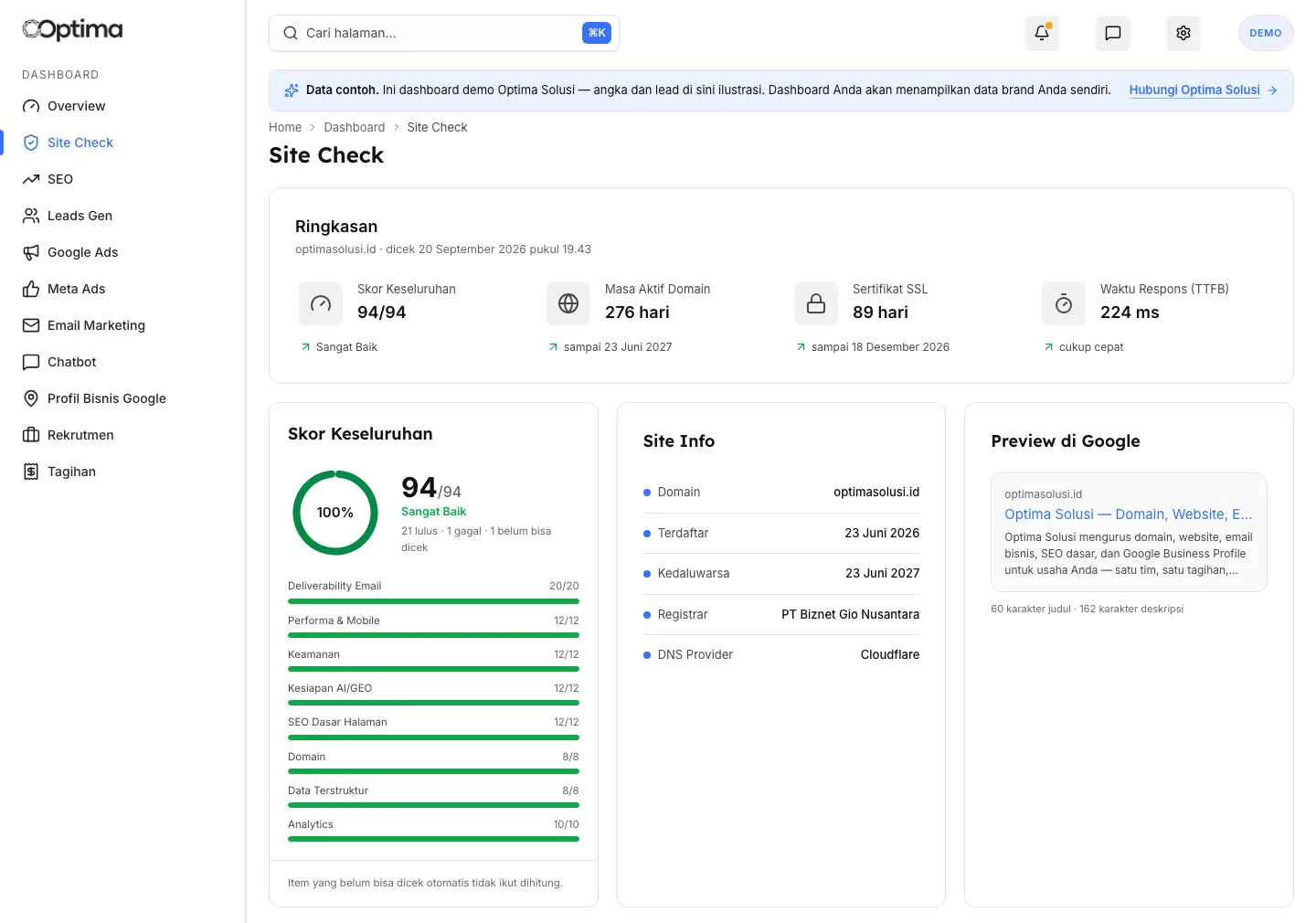 Site Check page of the Optima client dashboard: site health score, domain info, and Google search preview